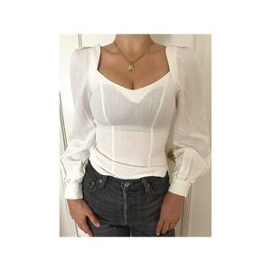 White Blouse Shirt With Puff Sleeves & Square Neckline